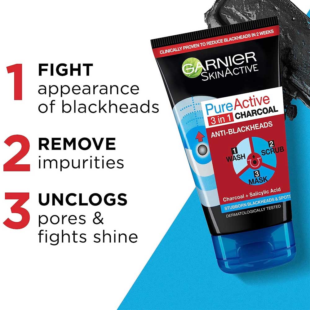 Garnier Pure Active 3 in 1 Charcoal Anti Blackhead Wash Scrub & Mask