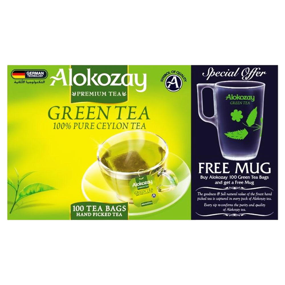 Alokozay Green Tea with Free Mug 100 Enveloped Tea Bags